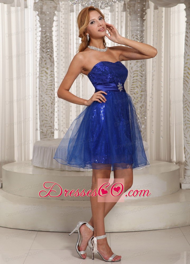 A-line Peacock Blue Sequins Over Skirt Mini-length Strapless Prom / Cocktail Dress Online
