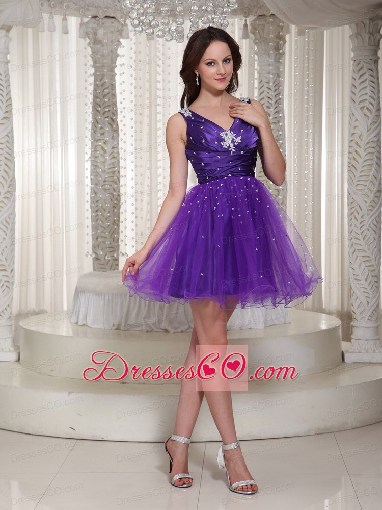 Custom Made V-neck Purple Organza Homecoming Dress With Beaded Bodice