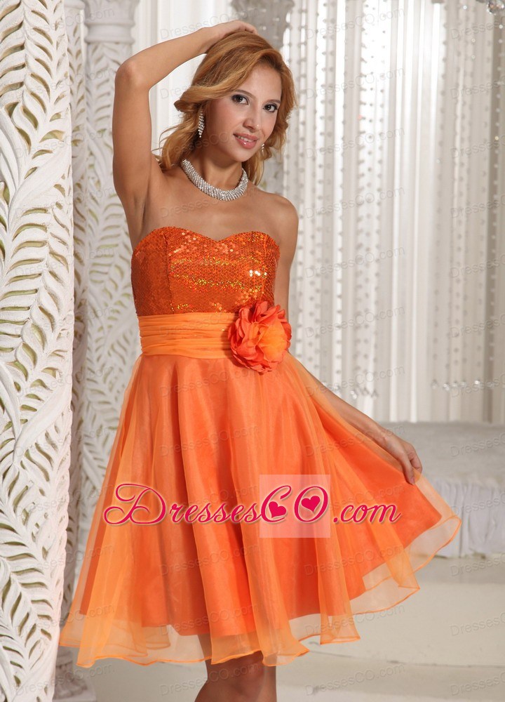 Organza Hand Made Flower Belt Beautiful Sequins Decorate Bust Homecoming Dress Orange