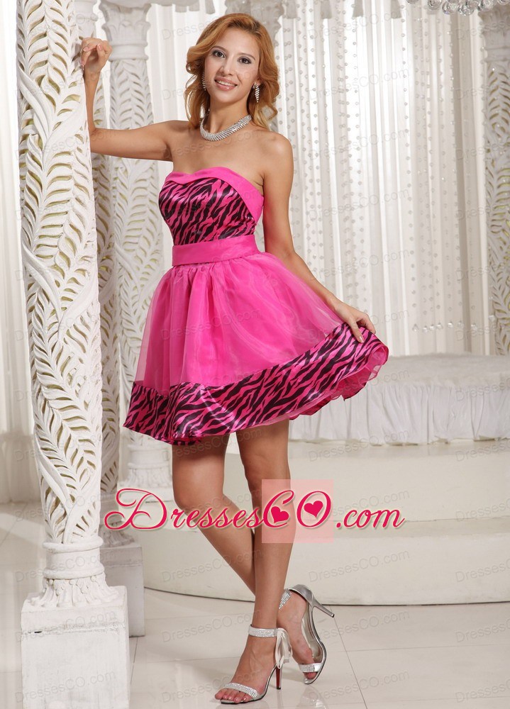 Stylish Zebra A-line Mini-length Prom Dress With Hot Pink Organza