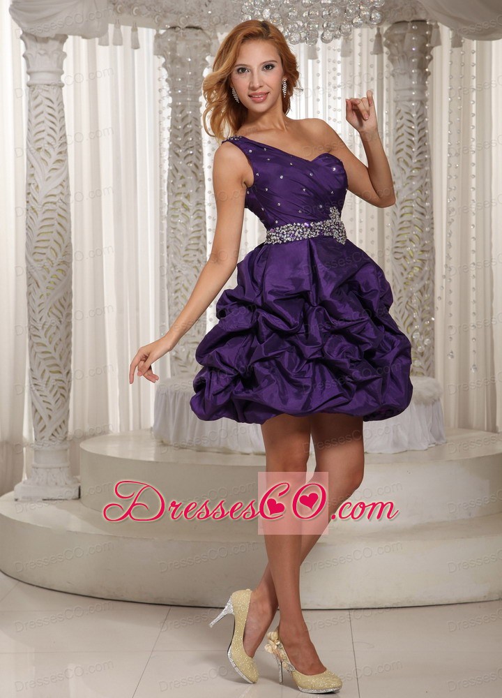 Eggplant Purple One Shoulder Beading And Pick-ups Mini-length Prom Dress For Party