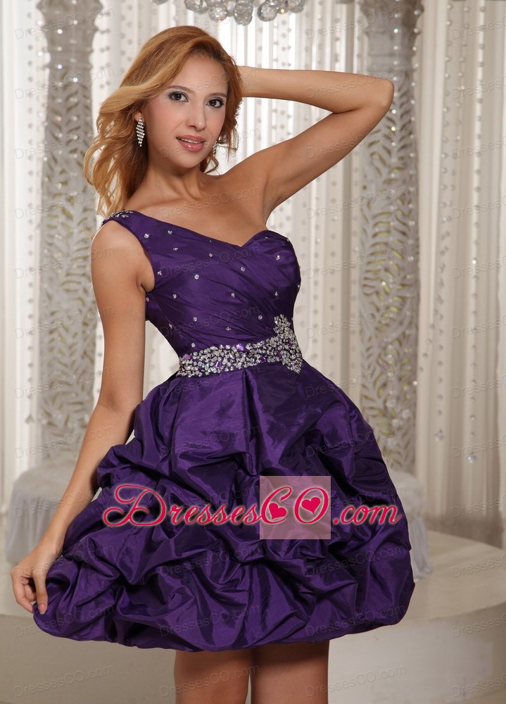Eggplant Purple One Shoulder Beading And Pick-ups Mini-length Prom Dress For Party
