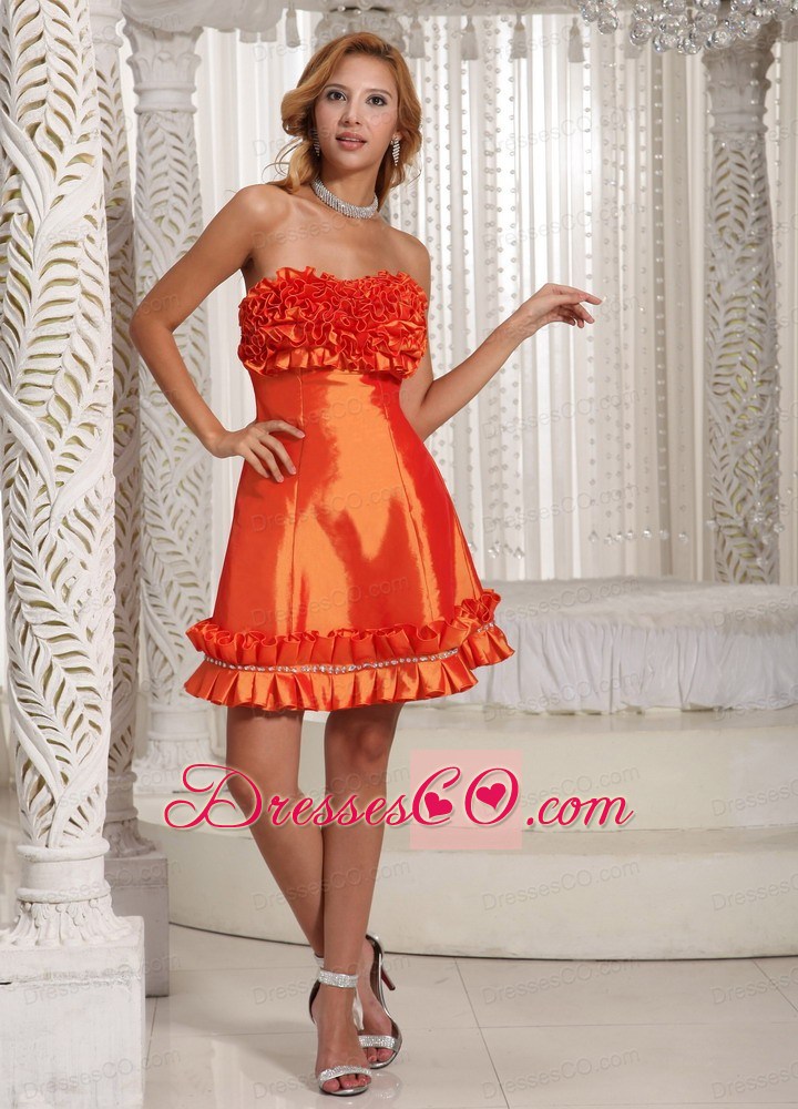 Orange Red Hand Made Flowers A-line Custom Made Prom Dress With Taffeta
