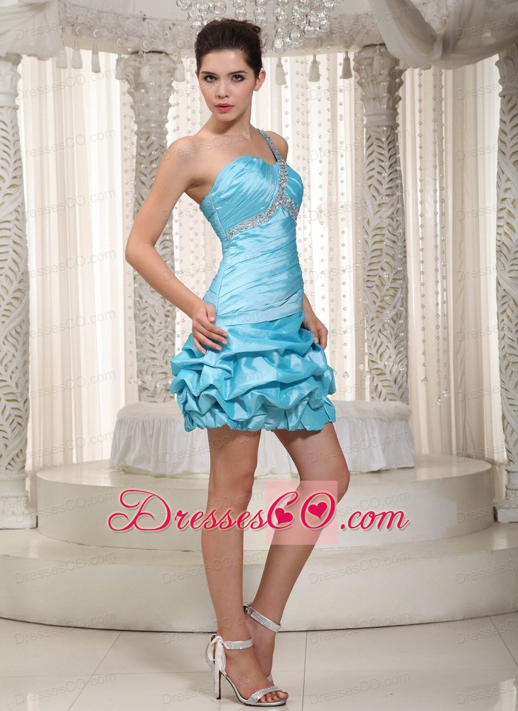 Aqua A-line One Shoulder Mini-length Taffeta Beading Prom / Cocktail Dress