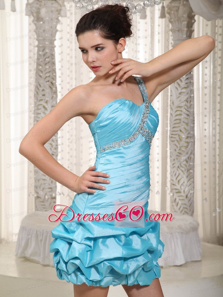 Aqua A-line One Shoulder Mini-length Taffeta Beading Prom / Cocktail Dress