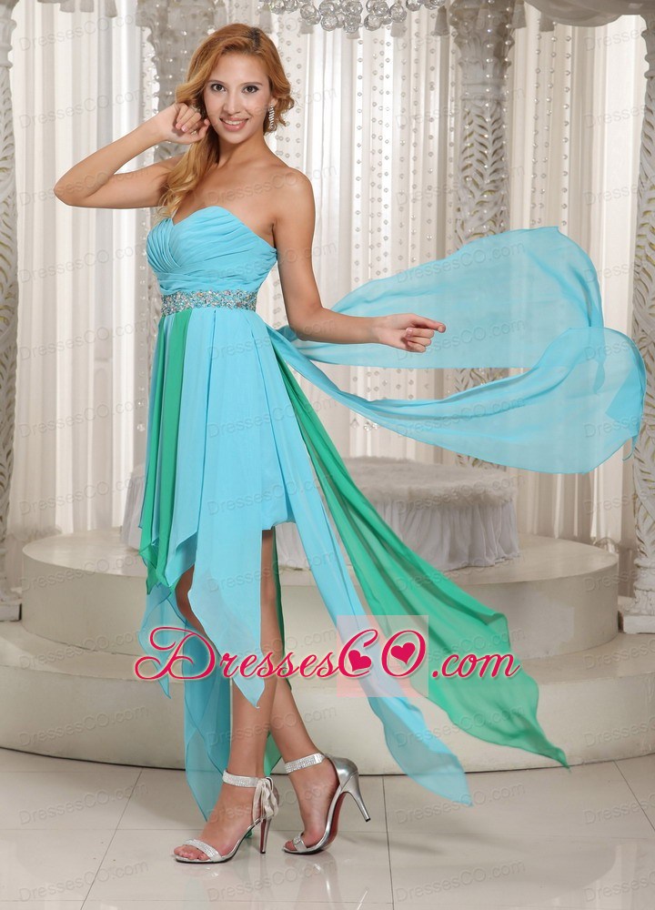 Asymmetrical Beaded Decorate Waist Prom Dress With Aque Blue Chiffon 2013