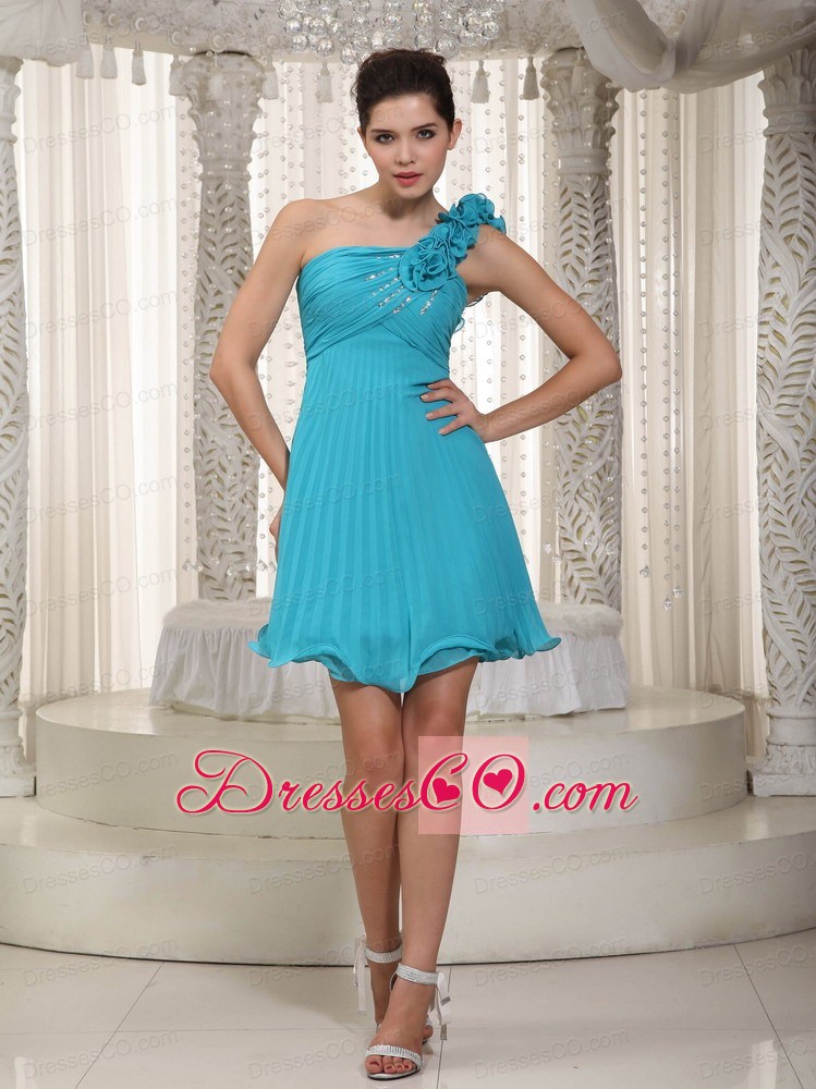 Brand New Empire One Shoulder Mini-length Chiffon Beading And Hand Flowers Prom Dress