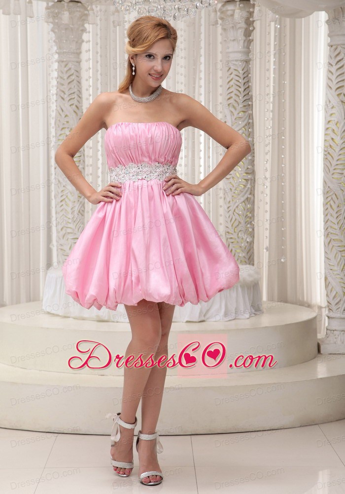 Ruched Bodice Sash With Beading Lovely Prom / Cocktail Dress For Formal Evening Pink Taffeta And Mini-length