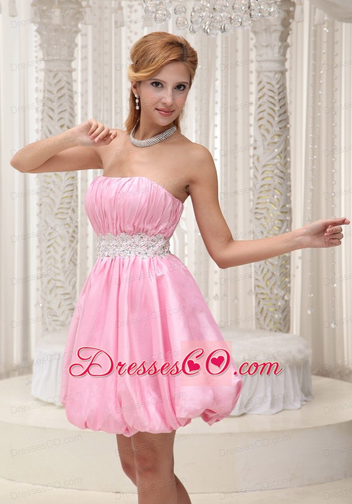 Ruched Bodice Sash With Beading Lovely Prom / Cocktail Dress For Formal Evening Pink Taffeta And Mini-length