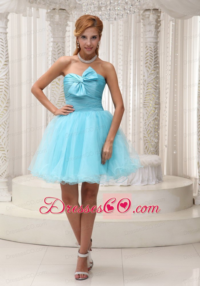 Aqua Blue A-line Prom / Cocktail Dress For Taffeta And Organza Ruched Bodice Mini-length