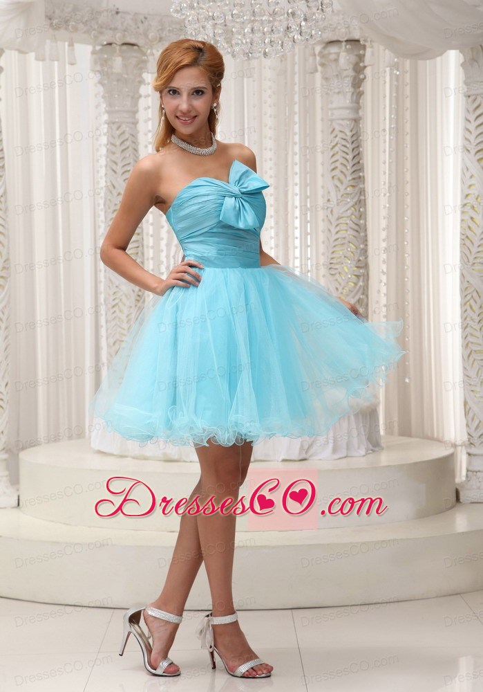 Aqua Blue A-line Prom / Cocktail Dress For Taffeta And Organza Ruched Bodice Mini-length
