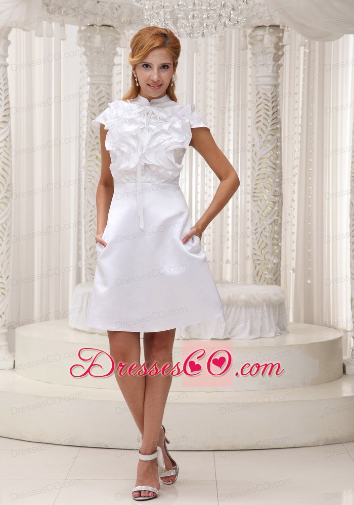 High-neck White Ruffled Decorate Bust Taffeta And Mini-length Prom / Homecoming Dress For 2013