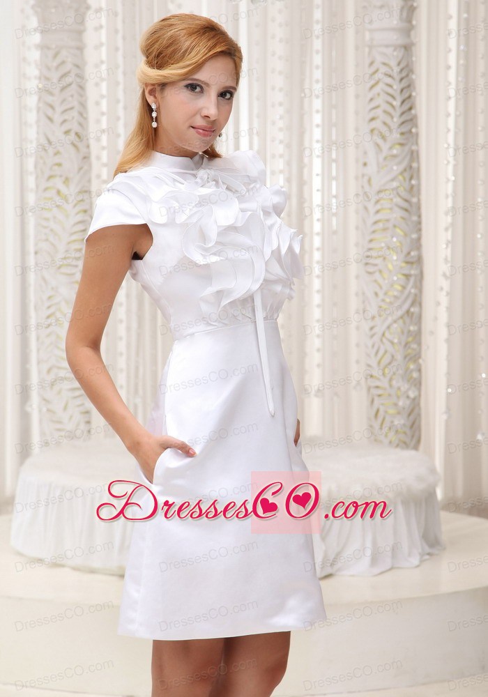 High-neck White Ruffled Decorate Bust Taffeta And Mini-length Prom / Homecoming Dress For 2013