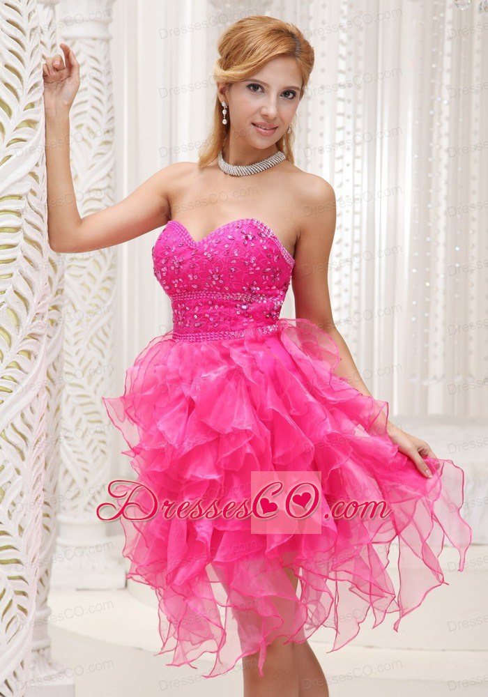 Hot Pink A-line Prom / Cocktail Dress For Beaded Decorate Bust Organza With Ruffles