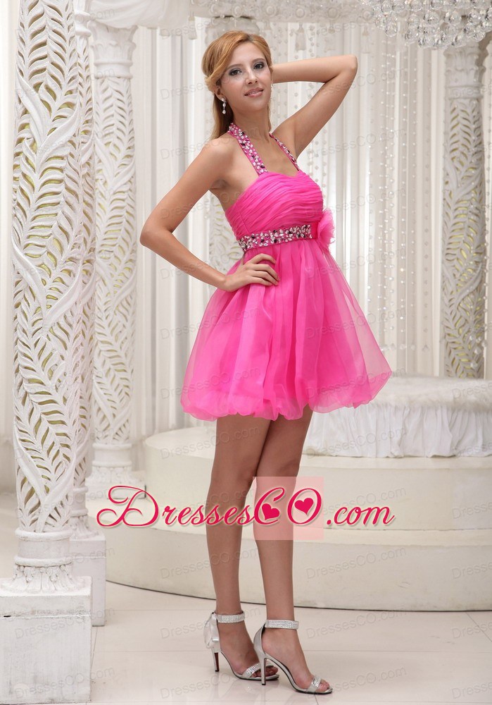Beaded Decorate Halter Hand Made Flower Hot Pink Organza Mini-length Prom / Cocktail Dress For 2013