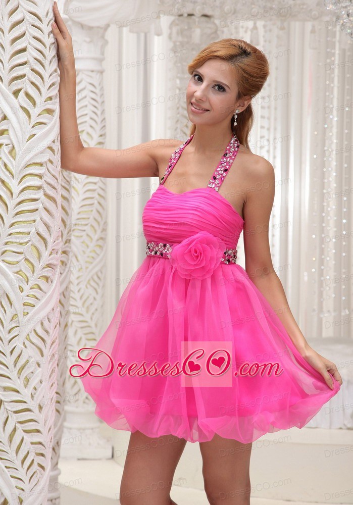 Beaded Decorate Halter Hand Made Flower Hot Pink Organza Mini-length Prom / Cocktail Dress For 2013