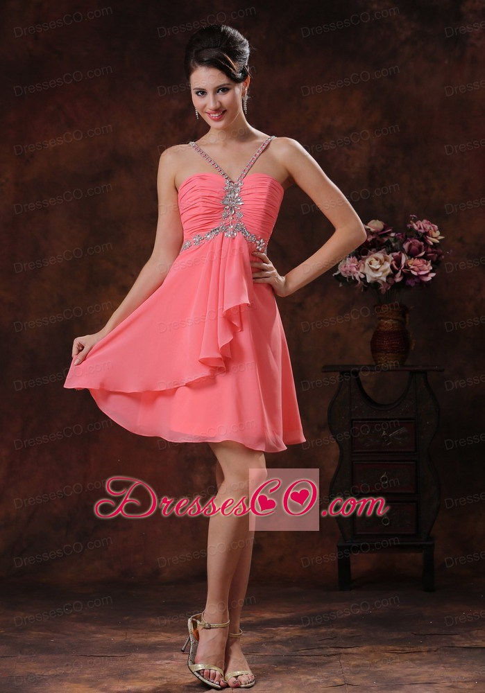 V-neck Zipper-up Watermelon Short Prom Dress With Beaded Decorate