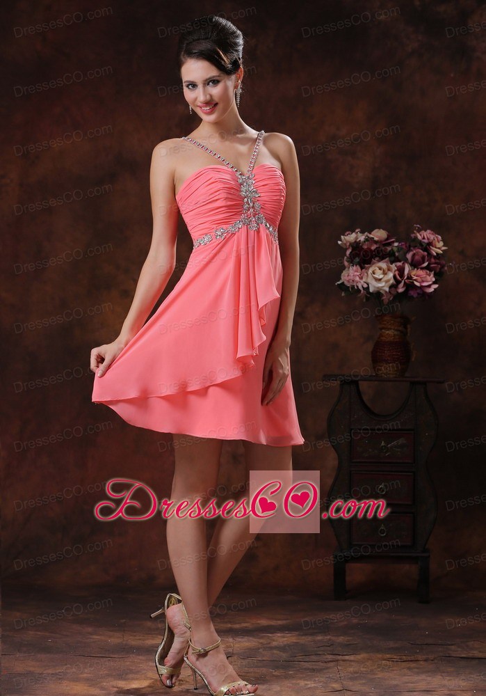 V-neck Zipper-up Watermelon Short Prom Dress With Beaded Decorate