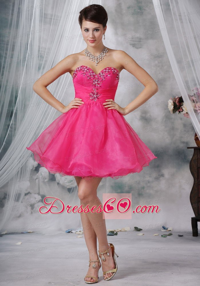 Hot Pink A-line Mini-length Organza Beading Prom Dress