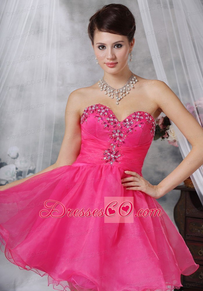 Hot Pink A-line Mini-length Organza Beading Prom Dress