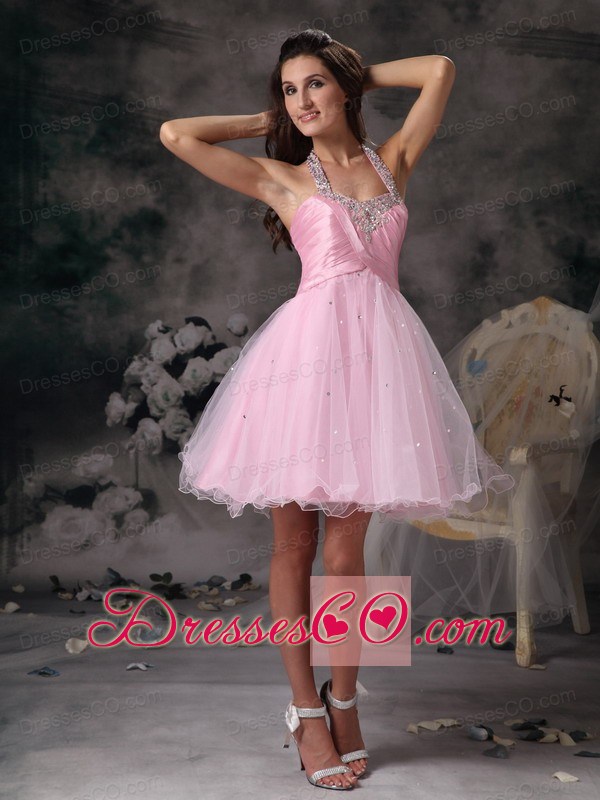 Customize Pink Column Straps Short Prom Dress With Beading Mini-length