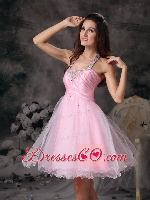 Customize Pink Column Straps Short Prom Dress With Beading Mini-length