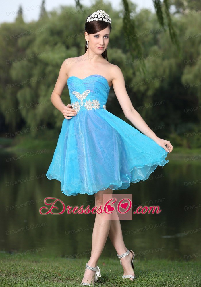 Custom Made Hand Made Beaded Aqua Blue Organza Prom Party Dress