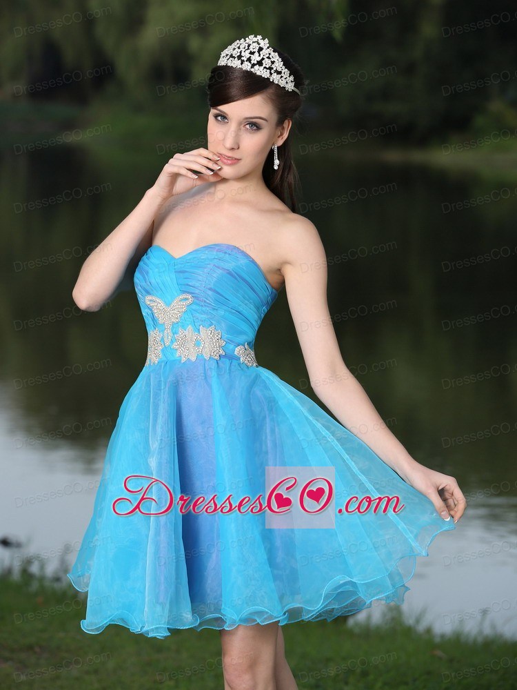 Custom Made Hand Made Beaded Aqua Blue Organza Prom Party Dress