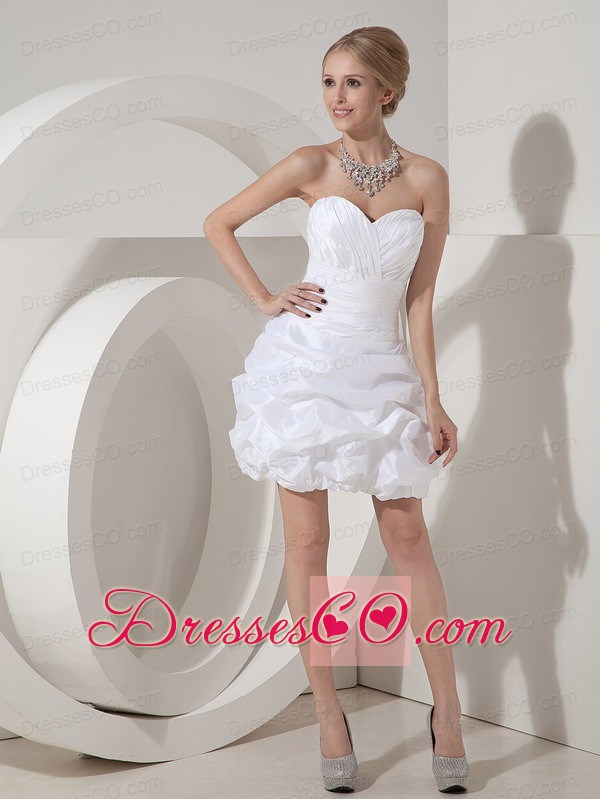 White Column Mini-length Taffeta Ruched Prom Dress