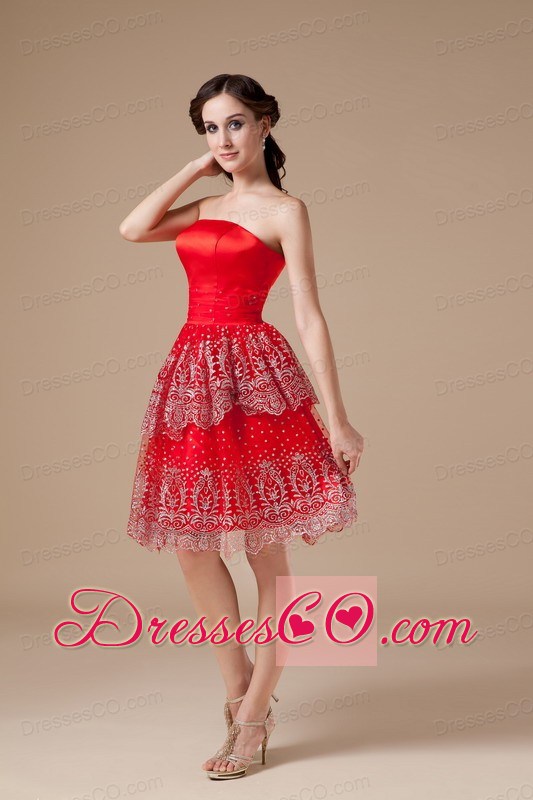 Sexy Red A-line Strapless Prom Dress Taffeta Beading Knee-length