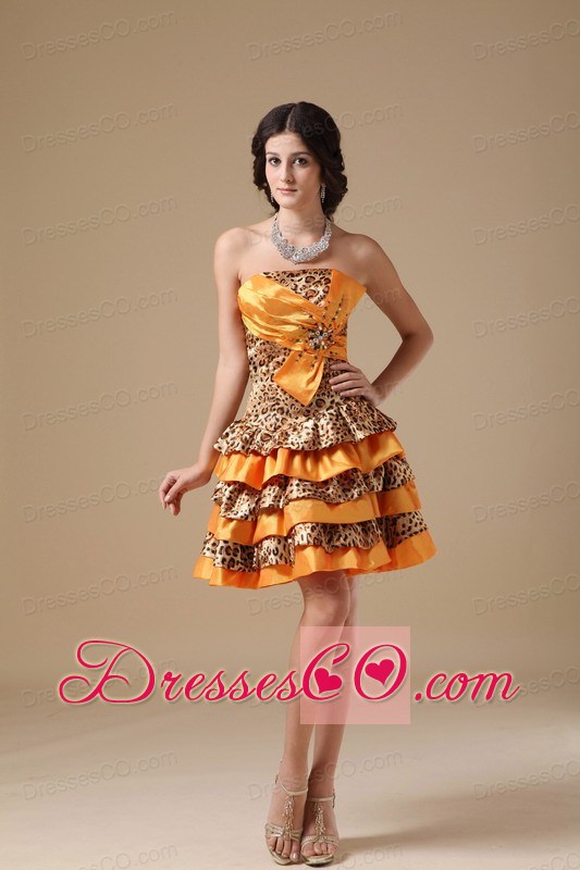 Multi-color A-line Strapless Mini-length Taffeta And Leopard Beading Prom Dress