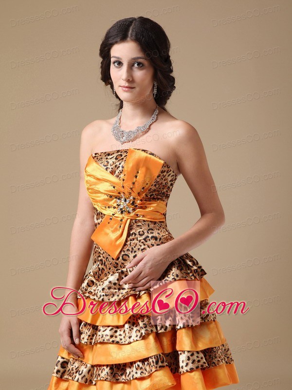 Multi-color A-line Strapless Mini-length Taffeta And Leopard Beading Prom Dress