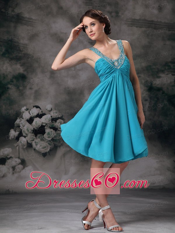 Aqua Blue Empire V-neck Mini-length Chiffon Beading Prom / Homecoming Dress