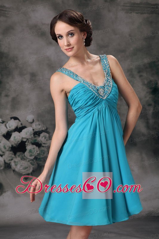 Aqua Blue Empire V-neck Mini-length Chiffon Beading Prom / Homecoming Dress