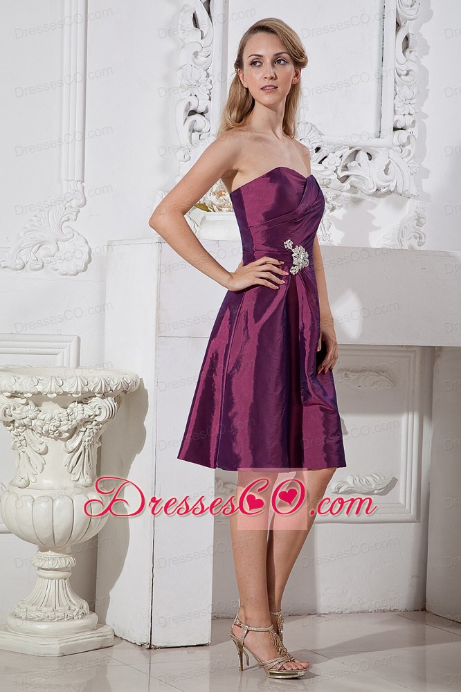Dark Purple A-line Knee-length Taffeta Appliques With Beading Prom Dress