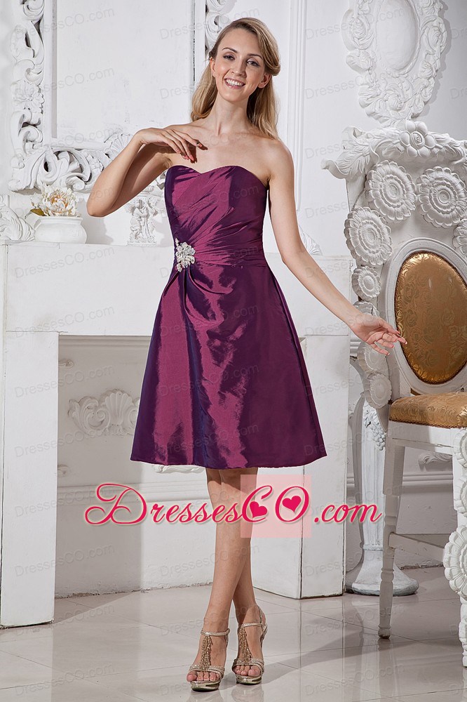 Dark Purple A-line Knee-length Taffeta Appliques With Beading Prom Dress
