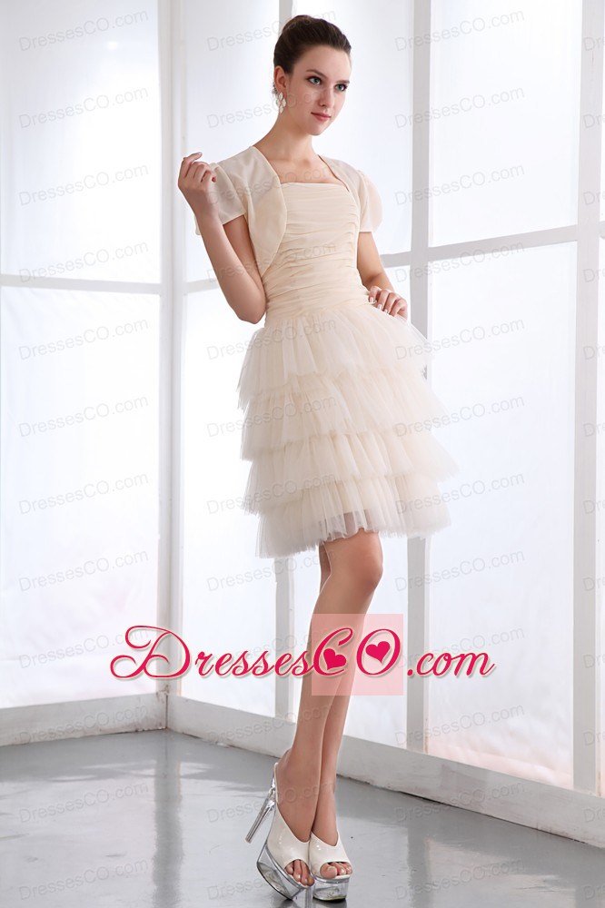 Champagne A-line Strapless Ruche And Ruffled Layers Mini-length Prom Dress