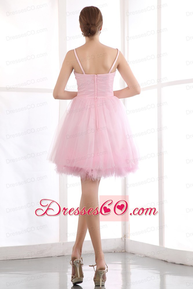 Pink A-line Straps Short Prom Dress Organza Beading Mini-length