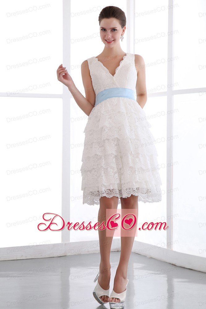 White A-line V-neck Mini-length Lace Sash Prom Dress