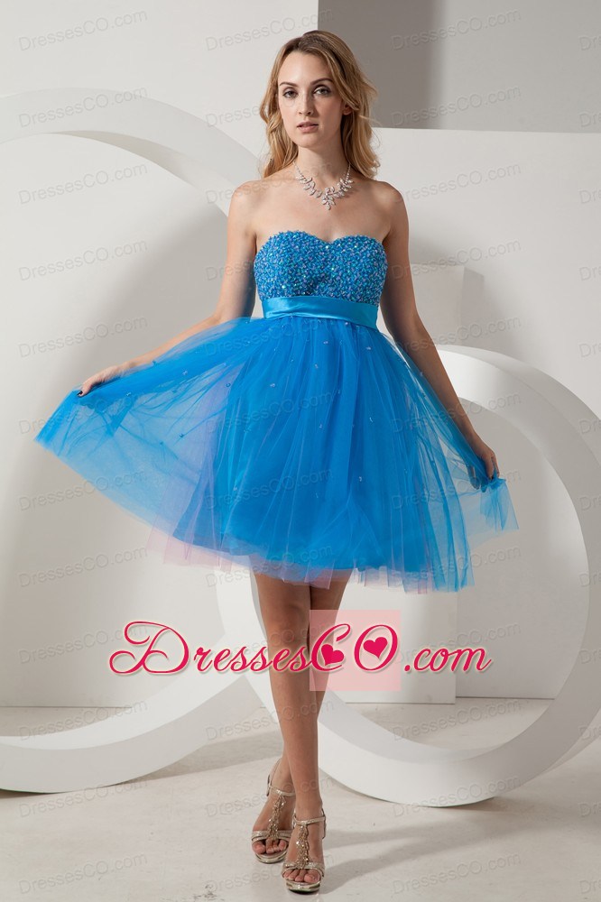Blue A-line Beading Short Prom Dress Mini-length Taffeta And Tulle