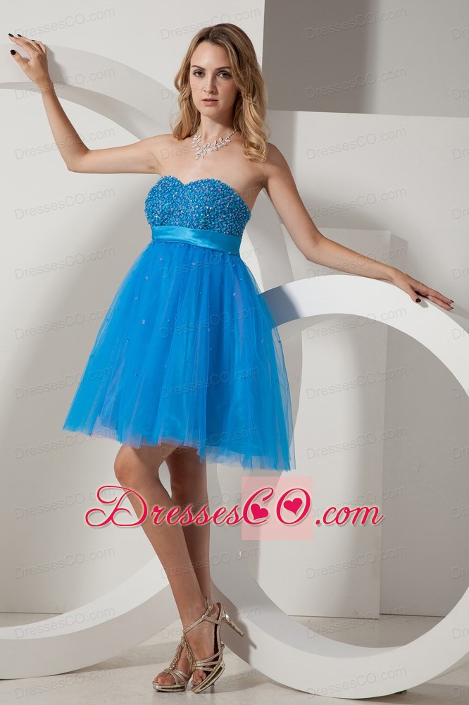 Blue A-line Beading Short Prom Dress Mini-length Taffeta And Tulle
