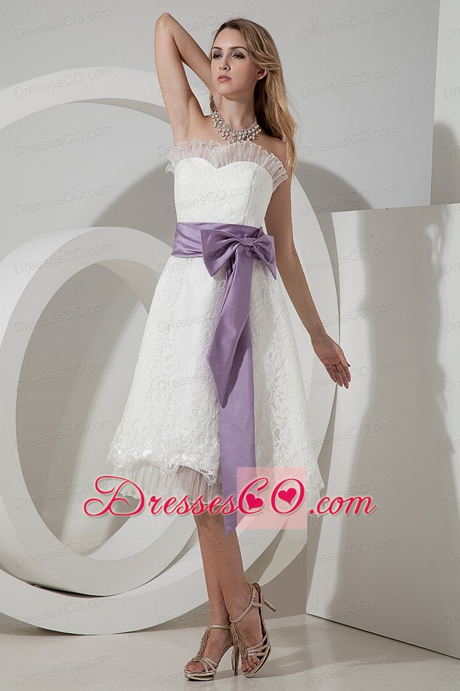 Elegant A-line / Princess Strapless Tea-length Lace Bow Short Prom Dress