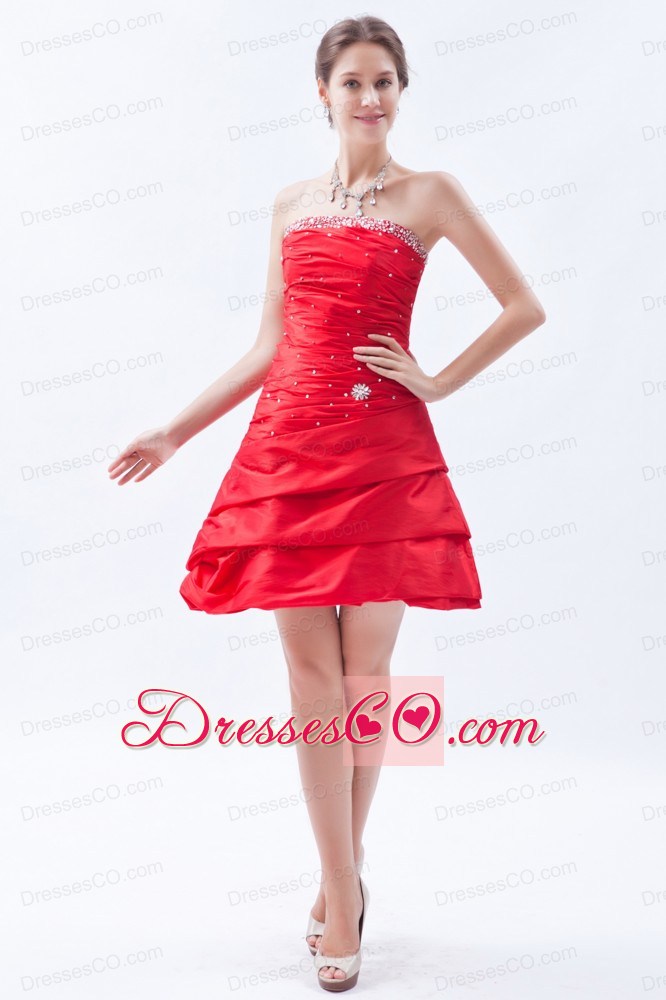 Red A-line / Princess Strapless Mini-length Taffeta Beading Prom Dress