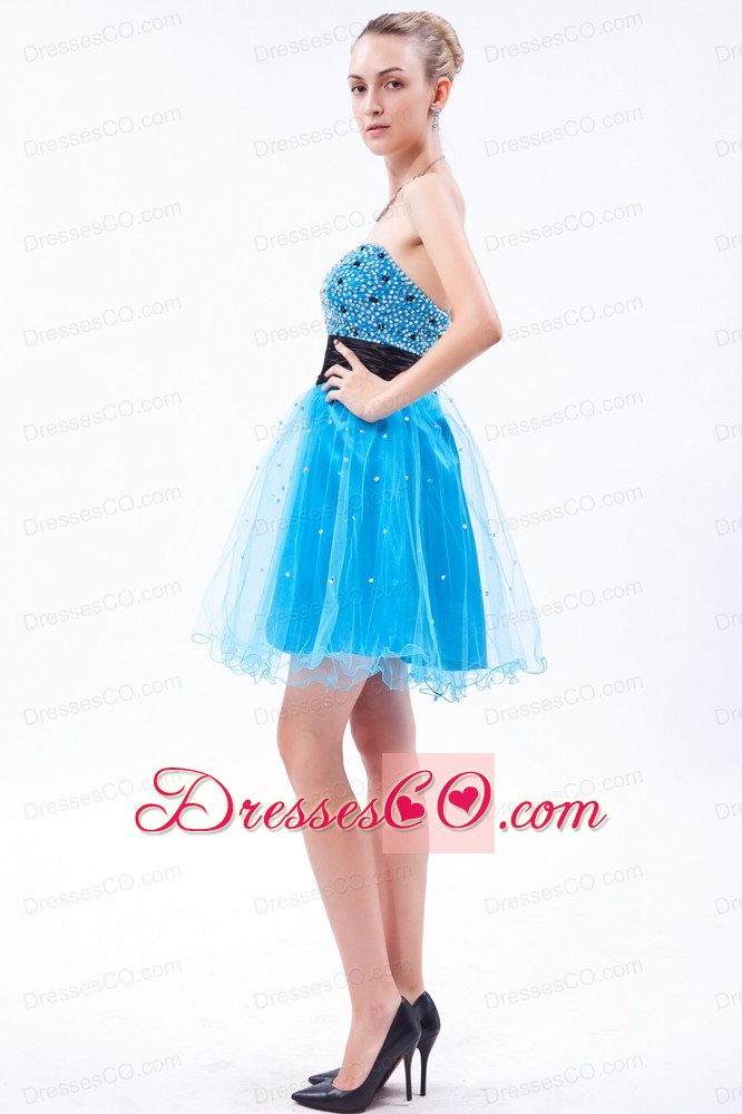 Sky Blue A-line Strapless Prom Dress Organza Beading Mini-length
