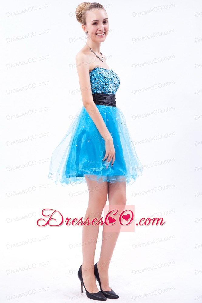 Sky Blue A-line Strapless Prom Dress Organza Beading Mini-length
