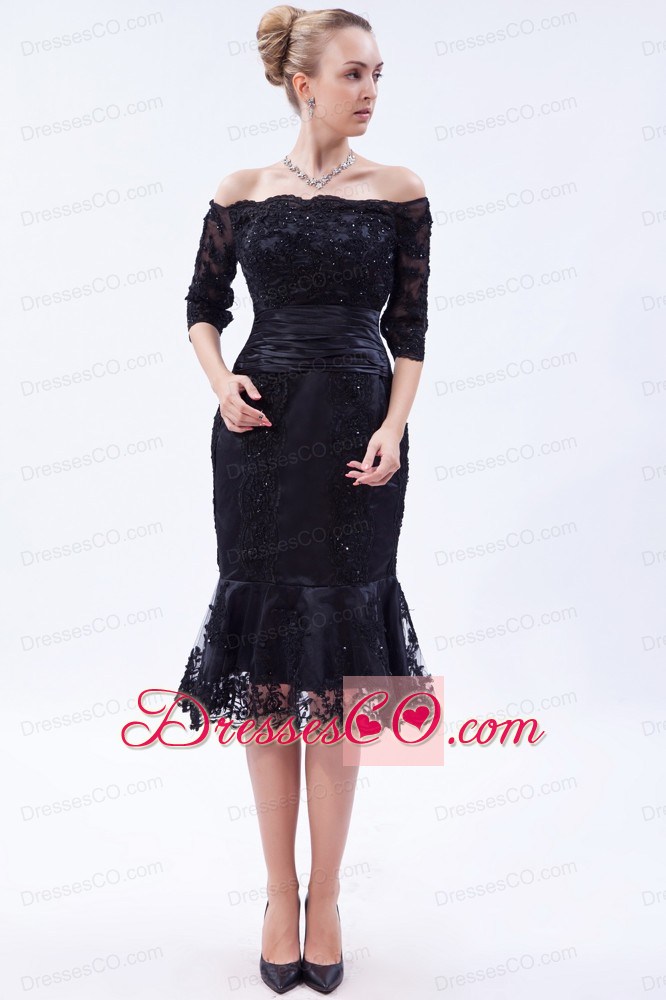 Navy Blue Column Off The Shoulder Tea-length Lace Beading Mother Of The Bride Dress