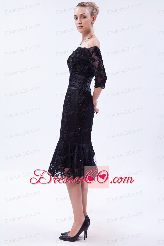 Navy Blue Column Off The Shoulder Tea-length Lace Beading Mother Of The Bride Dress