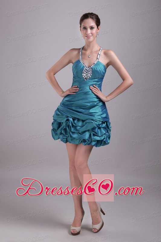 Teal A-line / Princess Halter Mini-length Taffeta Rhinestone Prom / Cocktail Dress