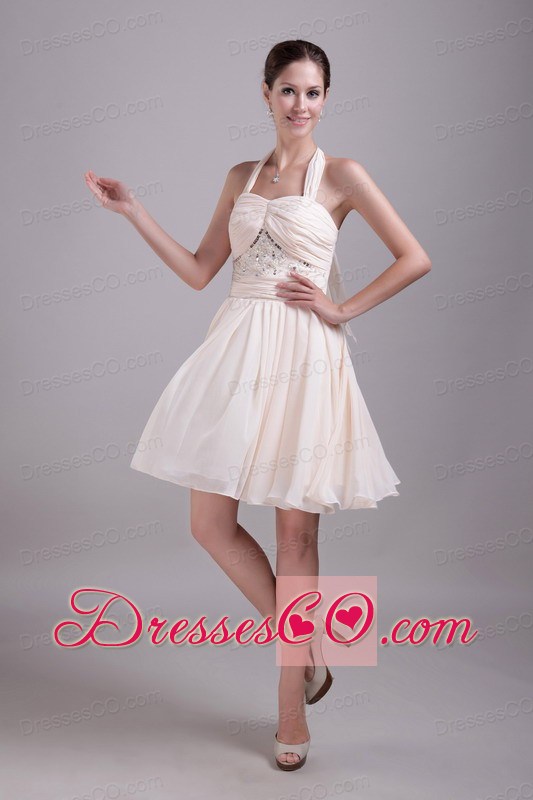 Elegant Empire Halter Knee-length Chiffon Beading Prom Dress