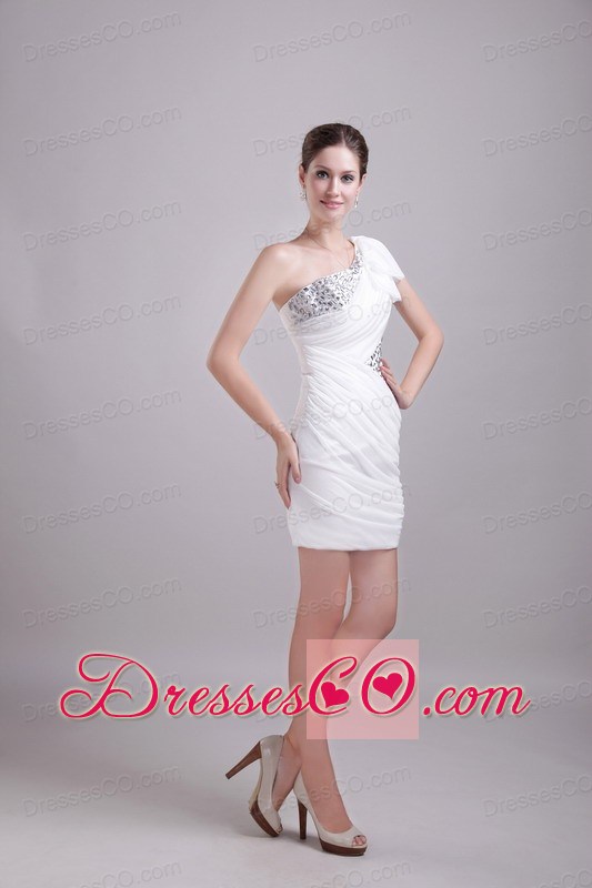 White Column/sheath One Shoulder Mini-length Chiffon And Taffeta Rhinestone Prom / Homecoming Dress